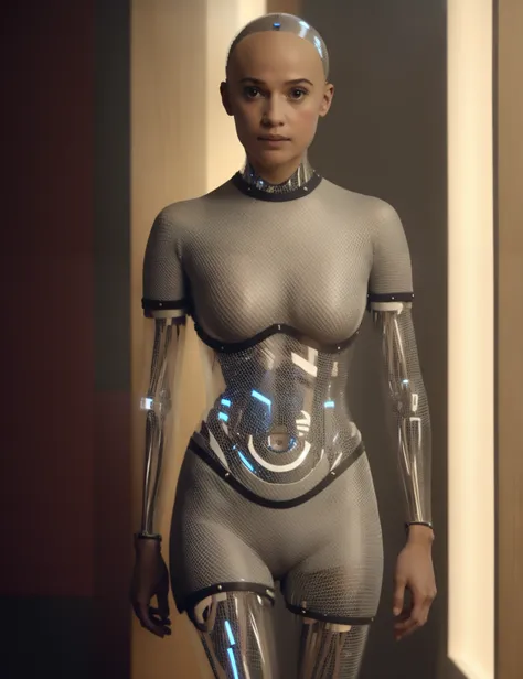 <lora:AVA_Ex_Machina:1> ava, robot bodyparts, transparent skin, sexy female, solo, hands hips, big tits