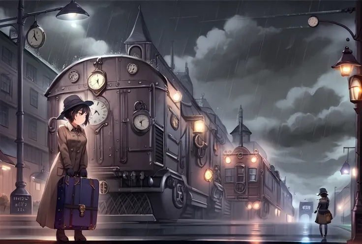 score_9, score_8_up, score_7_up,BREAK overalldetail, <lora:steampunk:0.8>,
steampunk,steampunk anime,, 1girl, rain, hat, train, gloves, solo, clock, short hair, train station, suitcase, ground vehicle, night, pantyhose, cloud, outdoors, steampunk, clock to...