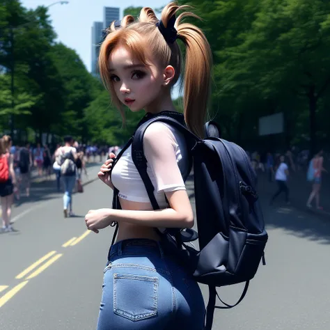 cross, jeans, ponytail, navel, backpack, 1girl, outdoors, animal ears, see-through, blurry