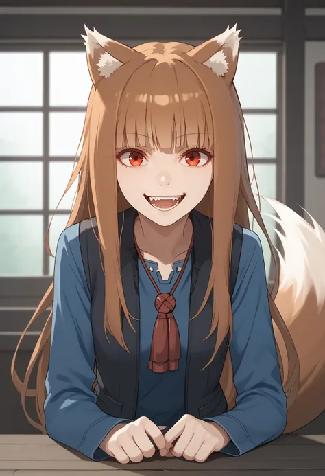 score_9,score_8_up,score_7_up,score_6_up <lora:holo_spice_and_wolf_pd_goofy_v1:1>holo, 1girl, animal ears, solo, long hair, wolf ears, tail, wolf girl, looking at viewer, wolf tail, open mouth,  vest, smile, shirt, long sleeves, blue shirt, bangs