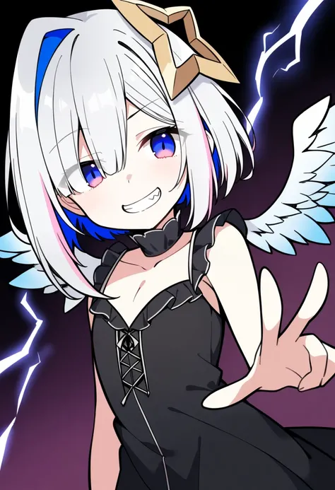 1girl, solo, amane kanata, lineart, 
short hair, silver hair, blue eyes, flat chest, black dress, frills, cleavage, evil grin, wings, lightning, 
aura,
masterpiece, best quality, very aesthetic, absurdres,