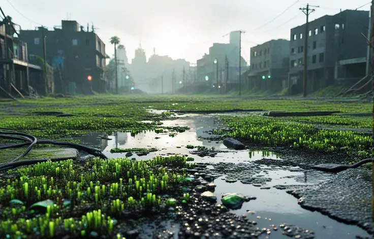 Gl1tchBasalt, abandoned city landscape, Photorealistic 3D game concept with extraterrestrial landscape with ground made of voronoi-shaped prismatic voxels and with low-poly early evening abandoned decaying  urban landscape flooded with dense milky-green fo...