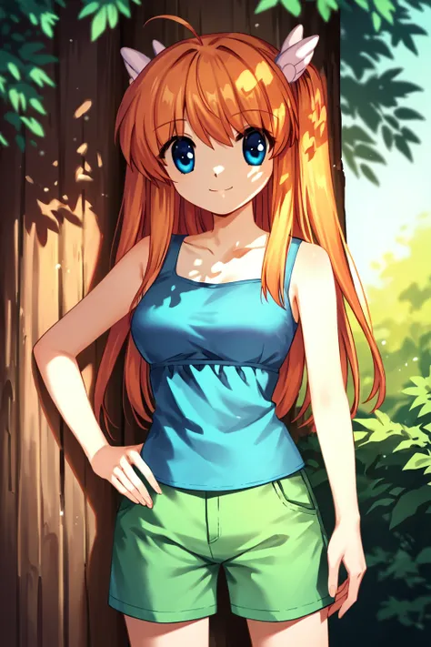 score_9, score_8_up, score_7_up, score_6_up, rating_safe, source_anime, 2.5d, best quality, masterpiece, detailed background, detailed eyes, standing under a tree, sunny, shade, hand on hip, smiling, blue tanktop, green shorts, <lora:ohtori-chihaya-xl-04:1...