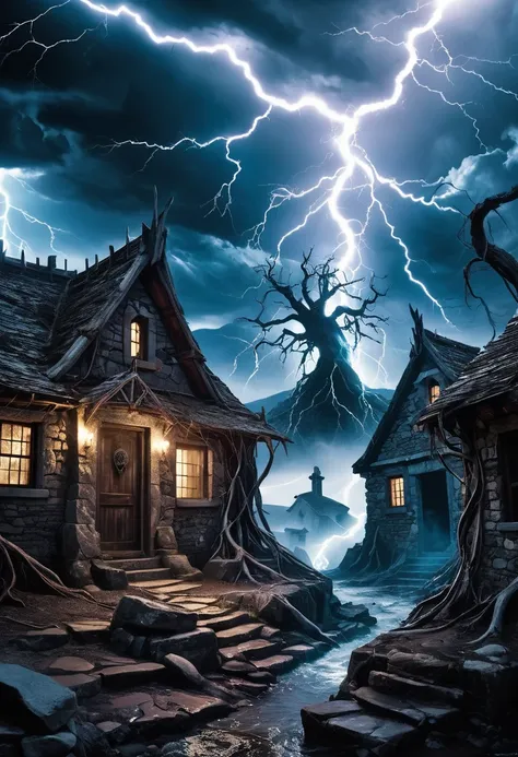 lovecraftian horror , eldritch, cosmic horror, unknown, mysterious, surreal, highly detailed, nature      , skeletal figure rebirth,ancient village,roots with unholy life,lightning storm,electric veins sky,decrepit stone cottages,arcane force,supernatural ...