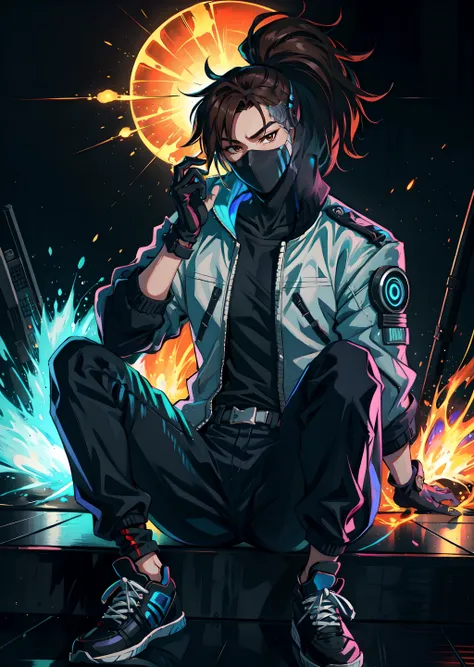 solo, looking away, sharp lighting, dramatic, vibrant, 8k hdr, dslr, (best quality), (masterpiece), <lora:Yasuo_TD-10 (1):0.7>,yasuo td, solo, long hair, looking at viewer, brown hair, gloves, 1boy, holding, jacket, full body, ponytail, male focus, shoes, ...