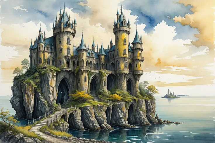 Pen and Watercolor Painting of abandoned gothic fantasy castle on a rock island by the ocean, yellow stone road, bridge
castlesland<lora:castlesland:0.5>