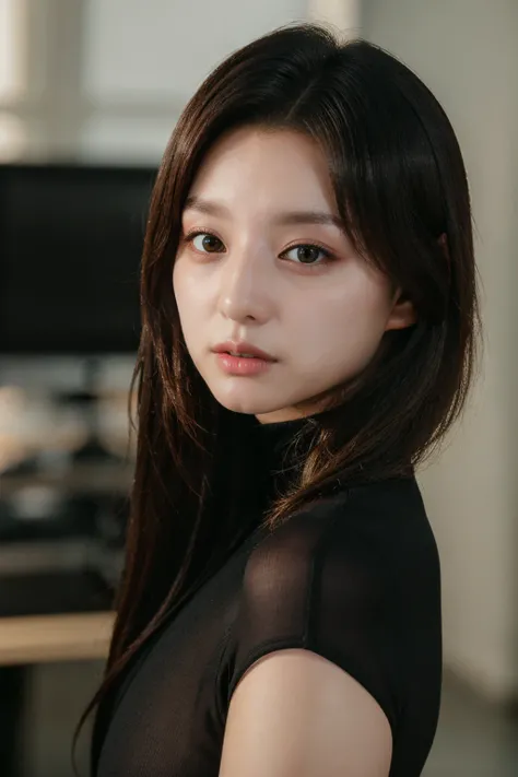 masterpiece,best quality,1girl,solo,realistic,photorealistic,ultra detailed,looking to the viewer,upper body,brown hair,(closeup:1.1),indoor,black bodysuit,cosmatics lab,
hwiseo,<lora:KimJiwon-01:0.9>,kimjiwon,