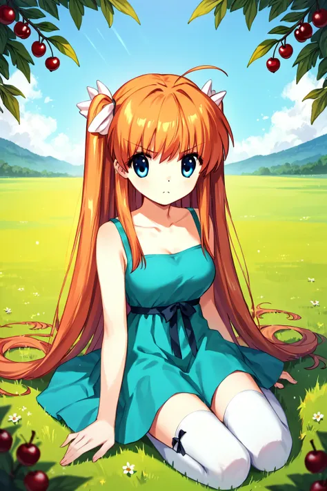 score_9, score_8_up, score_7_up, score_6_up, rating_safe, source_anime, 2.5d, best quality, masterpiece, detailed background, detailed eyes, outdoors, teal sundress, white thighhighs, sitting on grass, cherry, cherries, v shaped eyebrows, frown, <lora:ohto...