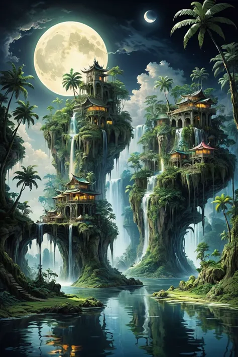 the landscape of floating tropical islands from which waterfalls flow, the distorted subconscious, the moonlight, the beautiful composition
castlesland<lora:castlesland:0.5>