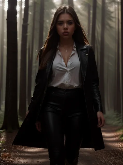 tv_Maria_Jones_MXAI walking through the woods, wearing a leather duster, wearing leather pants, wearing a white shirt, wearing black boots, walking towards the camera, golden hour, god rays, (((Ultra-HD-details, Ultra-HD-detailed, Ultra-HD-realistic, Ultra...