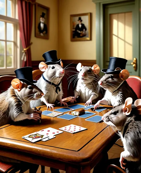 a group of rats in the nursing home gather around a table for a game of cards, with one rat wearing a monocle and another puffing on a cigar. The rendering style is reminiscent of a classic oil painting.