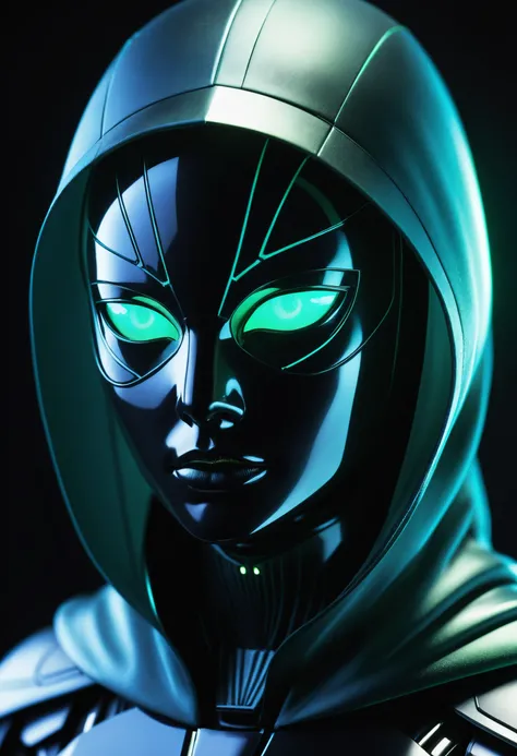 fallenstyle2, Super head Closeup, Front View, looking at Viewer, subsurface scattering, mantis LiS_Robot By tim burton with Large vanta black Wings, large cyber-glow-translucent hooded Cape, DARK black room, Neon translucent Soundwaves visible on the face,...