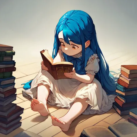 score_9, score_8_up, score_7_up, score_6_up, score_5_up, score_4_up, rating_safe, myne, blue hair, sitting on the floor, dress, barefoot, reading a book, surrounded by books