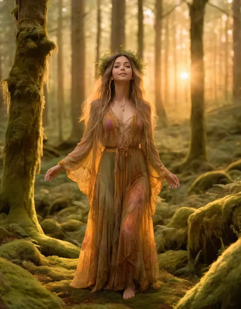 Ari, a graceful woman dressed in a whimsical bohemian outfit, stands solo amidst an enchanting forest filled with moss-covered trees, embracing the ethereal sunsets golden glow as she connects profoundly with the divine forces of nature that surround her. ...