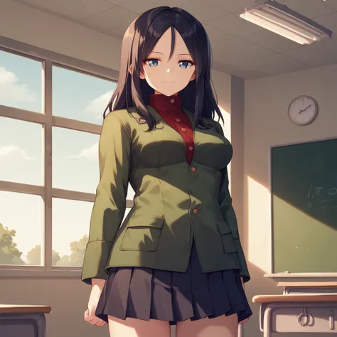 <lora:Nonna - Girls Und Panzer-000090:1>, NonnaGuP, 1girl, solo, blue eyes, long hair,  black hair, medium breasts, cowboy shot, standing at attention, arms at sides, PravdaUniform, green jacket, red turtleneck, long sleeves, black skirt, pleated skirt, mi...