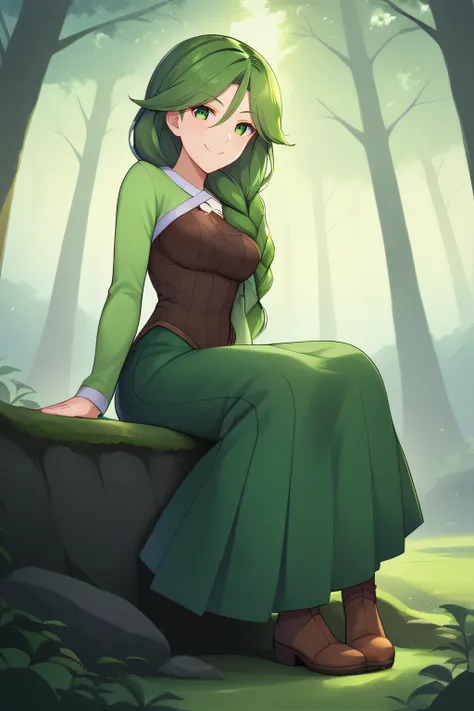 score_9, score_8_up, score_7_up, score_6_up, score_5_up, score_4_up, BREAK source_anime, masterpiece, best quality, ultra quality, <lora:Cheryl:1>, cheryl, green eyes, green hair, braid, hair over shoulder, green skirt, long sleeves, looking at viewer, for...