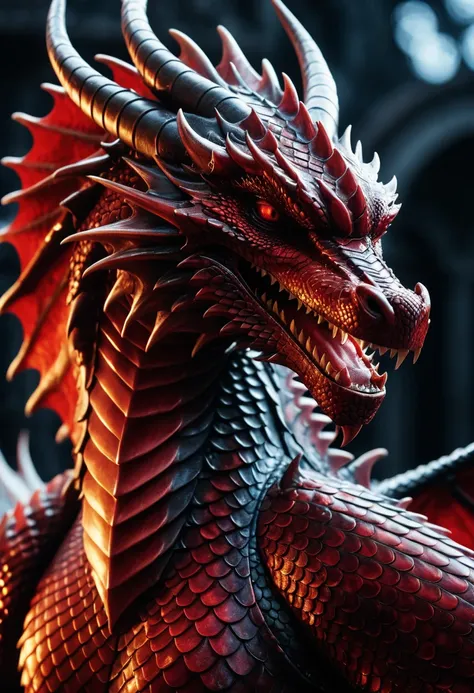 cinematic stiil,epic masterpiece ,hyper realistic, extreme close-up shot of a Baroque Geeky electric red ([Dragon:4]:1.1) ,detailed dragon scales,  cinematic dark chaoric  background, at Overcast, Bokeh, Ambient lighting, L USM, Colorless, Pearlescent spla...