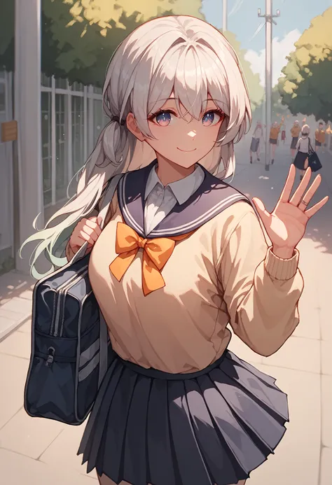 score_9, score_8_up, score_7_up, 1girl, solo, fireflyhsr, school uniform, holding school bag, smile, waving, closed mouth, street, <lora:firefly-strPO-v1b-000008:0.8>,