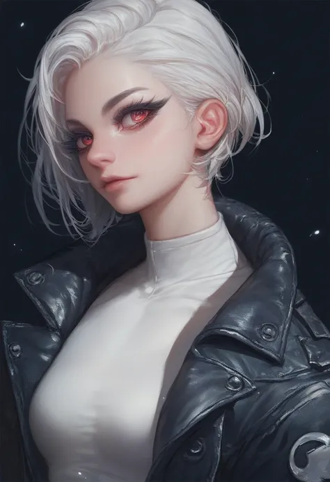 score_9, score_8_up, score_7_up,<lora:kyuyong:1> kyuyongeom, 1girl, solo, perfect face, cute face, black eyeliner, long eyelashes, [red eyes:0.7], white asymmetric bob hair, wearing leather jacket, white shirt, slim, upper body, city black background