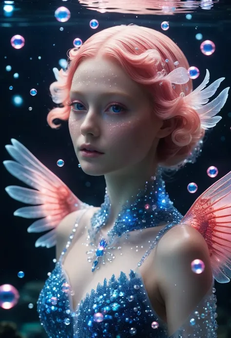 A  coral creature, transparent glowing skin, close up portrait,  wings,with blue and pink glittery particles twinkling around her body, bubbles,  under the water, mysterious and aesthetically beautiful,elegant,fantastic, ultimate madoka