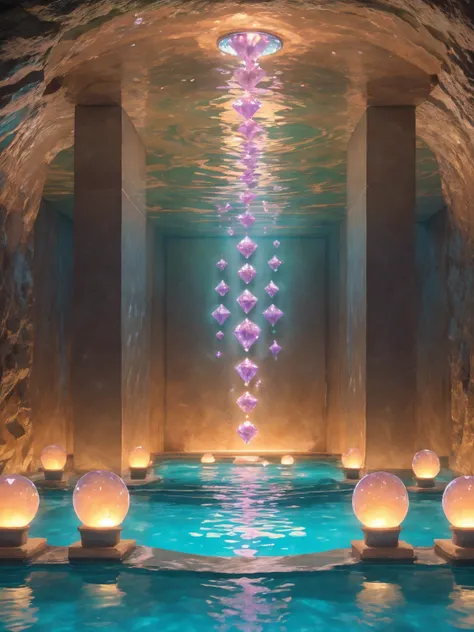 A cavernous chamber adorned with colossal, luminescent crystals that emit a soft, enchanting glow. The walls are adorned with intricate patterns and refract light into mesmerizing rainbows. The cave floor is covered in shimmering pools of water, reflecting...