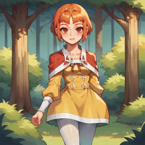 score_9, woman, forest,  <lora:(Azure Dreams) - Fur Gots XL:0.75> furgots, azure dreams, orange hair, red eyes, short hair, capelet, yellow dress, long sleeves,white pantyhose,