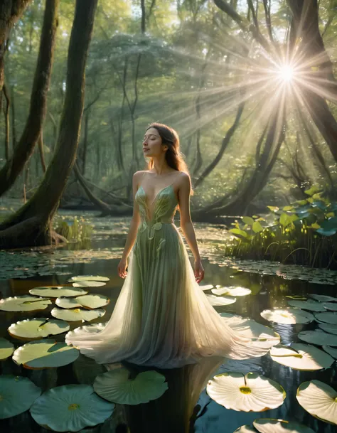 A woman adorned in a water lily dress, symbolizing the ethereal and elusive essence of life, love and emotions, is pictured within a dreamlike forest where sunlight dances through the canopy like a lexflowaz, illuminating her poetic snapshot captured by a ...