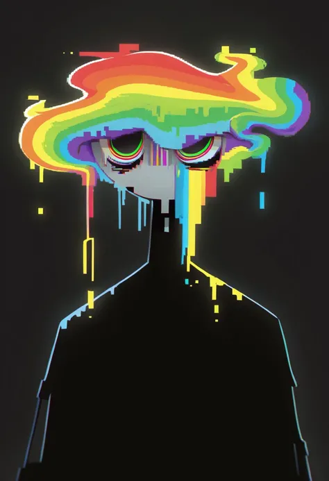 did vaporwave style, solo, upper body, 1boy, male focus, black background, 1other, simple background, body made of rainbow stripes, black bodysuit, rainbow theme, melting, vapor, smoke, glitch,  horror (theme),  glowing,  zPDXL2