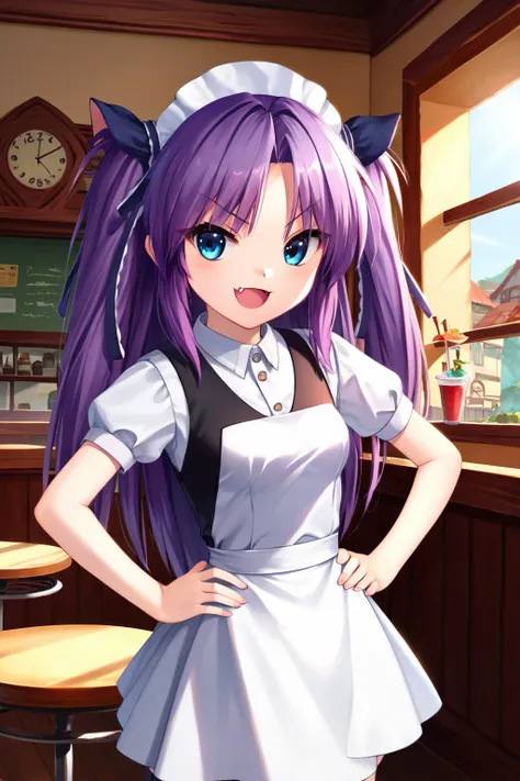 zPDXL2, rating_safe, source_anime, 4k quality, detailed background, detailed eyes, natural lighting, restaurant, waitress uniform, hands on hips, open mouth, smile, fang, v shaped eyebrows, standing, <lora:sasasegawa-sasami-xl-05:1>, sasasegawa sasami, sma...