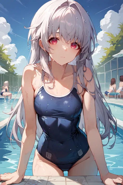 1girl, person (honkai: star rail), school swimsuit, bare shoulders, poolside, pool, wet, cowboy shot, outdoors, looking at viewer,  blue sky, sunbeam, depth of field <lora:Char-HonkaiSR-Clara-Pony-V1:0.8>  score_9, score_8_up, score_7_up,  <lora:Expressive...