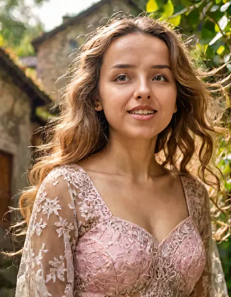 Anyuta, with her strikingly captivating gaze, had richly hued long golden curls that framed her face as she stood in a quaint village amidst the lush landscape; the womans ethereal complexion and radiant smile accentuated by the realistic depiction of her ...