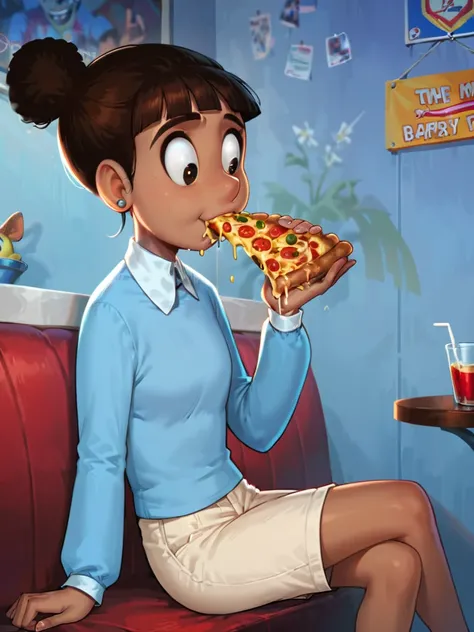 score_9, score_8_up, score_7_up, score_6_up, score_5_up, score_4_up, 1girl, source_anime, marsha_bunnicula, hair bun, blue collared shirt, long sleeves, tan shorts, sitting, eating pizza, booth seating, restaurant, detailed face, detailed eyes, detailed ba...