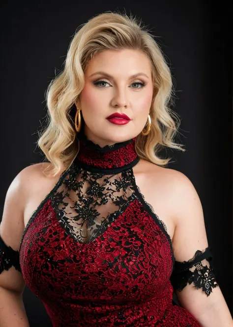 luxury product style, captivating masterpiece of an curvy woman with blonde hair in a ((((neckholder dress with turtleneck)))) ,long earrings, necklace, half body, The intricate lace and gold details exude a very rebellious aura. ((The use of high-shine gl...