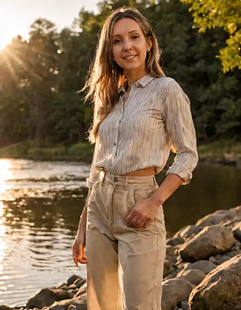 As the sun casts its golden hue over the undulating rivers edge, Sydnee, a woman exuding confidence in her perfectly harmonized elegant yet casual outfit, stands on the banks with poise and grace, captivating all who observe as she casually strikes a pose,...