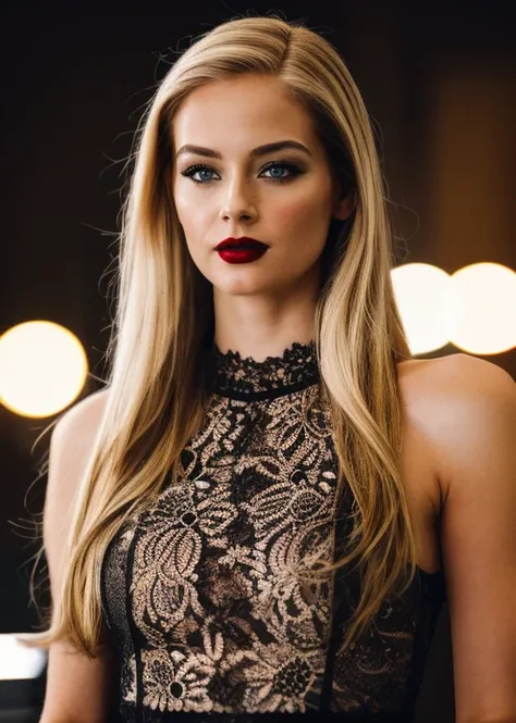 real estate photography style, a captivating masterpiece of an woman with blonde hair, half body, The intricate lace and gold details exude a very rebellious aura. ((The use of high-shine gloss adds a touch of glamour to the look)), ((while the deep red an...