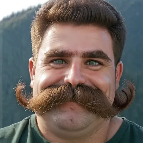 face, (huge bushy mustache: 1.5), stubble, auburn hair, happy grin, perfect teeth, chubby cheeks, bushy eyebrows, BREAK green eyes  <lora:Walrus_Mustaches:1>