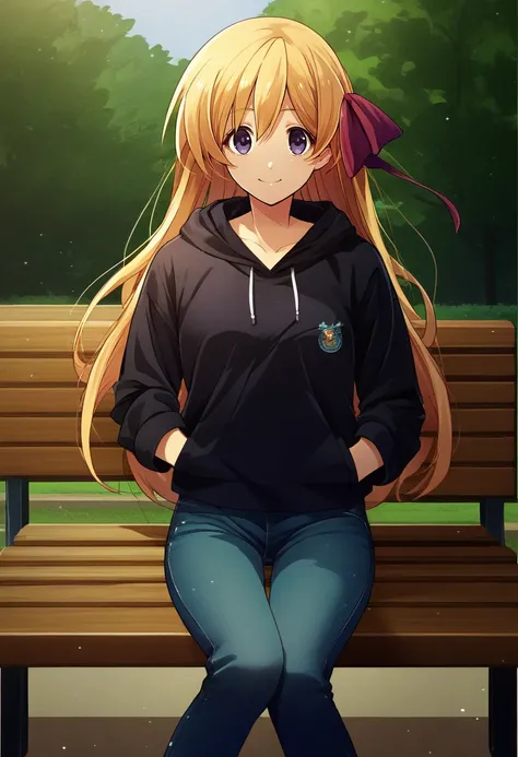 score_9, score_8_up, score_7_up, source_anime, solo, 1girl, kurusu nono, smile, looking at viewer, sitting, park bench, hands in pockets, blonde hair, hair ribbon, red ribbon, black hoodie, jeans, outdoors <lora:chaoschild_kurusu_ponyXL:1>