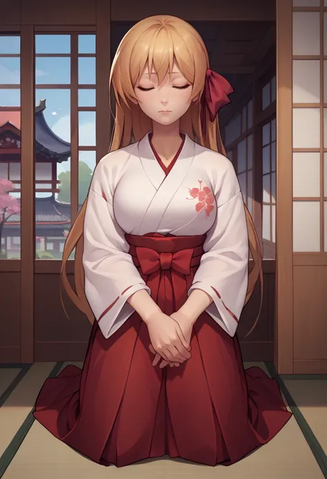 score_9, score_8_up, score_7_up, solo, 1girl, kurusu nono, kneeling, blonde hair, hair ribbon, red ribbon, closed eyes, japanese clothes, miko, white kimono, red hakama, hakama skirt, indoors, japanese architecture <lora:chaoschild_kurusu_ponyXL:1>