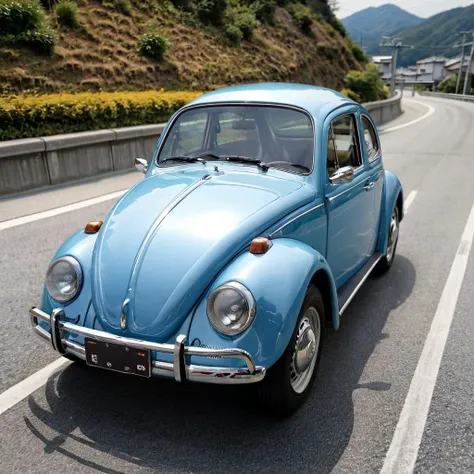 a fusc4 photo, volkswagen beetle in the osaka mountains roads