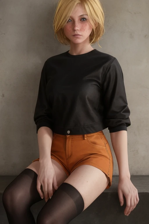 masterpiece, best quality, young, looking at viewer, facing viewer, blonde, blue eyes, short hair, freckles, sitting, black shirt, orange boomber jacket, brown shorts, pantyhose,