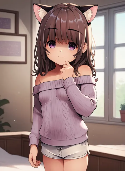 score_9,score_8_up,score_7_up,score_6_up, chikusan_style,
1girl, solo, cowboy shot, indoors, brown hair, long hair, covered eyes, purple eyes, off-shoulder sweater, white shorts, cat ears, small breasts, light smile
<lora:chikusan_pdxl3:1>