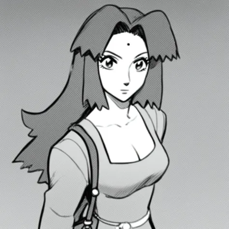 score_9, score_8_up,score_7_up, masterpiece, mother,liyannormal, red hair, brown eyes, greyscale, monochrome, 1girl, dress, handbag, bag, facial mark, solo, forehead mark, cleavage, looking at viewer, breasts, long hair, medium breasts