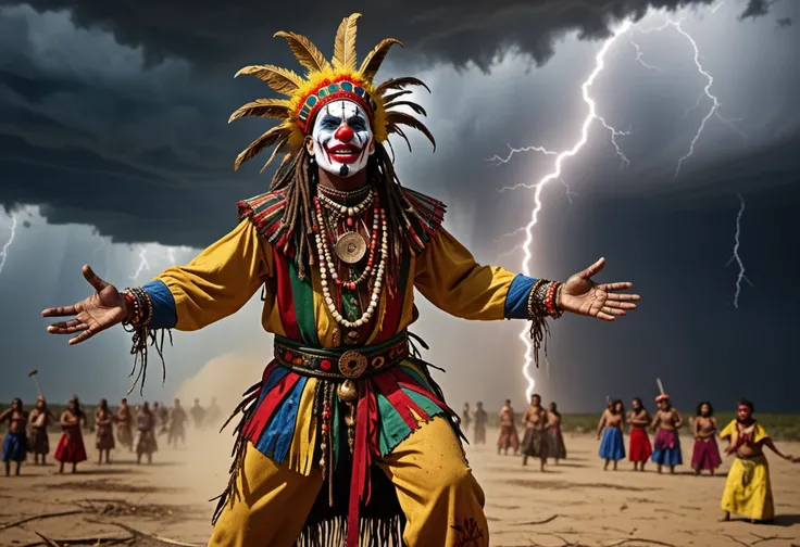 Tribal style score9, masterpiece, reality 
voodoo priest in clown disguise on concert party on stage of hell,
disturbing to dust with heavy storm tornado in dessert, 
 . Indigenous, ethnic, traditional patterns, bold, natural colors, highly detailed