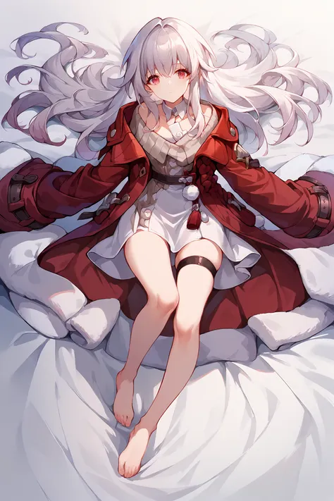 1girl, clara (honkai: star rail), solo, red coat, white dress, detached collar, sweater,  barefoot, thigh strap, barefoot, <lora:Char-HonkaiSR-Clara-Pony-V1:0.8>  score_9, score_8_up, score_7_up  <lora:pottsness_style_xl:0.7>