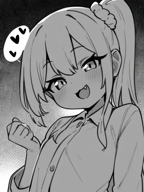 masterpiece, best quality, <lora:style578-a31-000020:1>,side ponytail, monochrome, greyscale, 1girl, fang, solo, blush, smile, open mouth, hair between eyes, looking at viewer, virtual youtuber, bangs, :d, scrunchie, collared shirt, heart, sidelocks, speec...