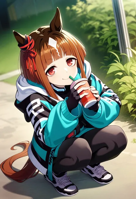 transcend (umamusume), holding, fingerless gloves, solo, hood down, looking at viewer, long sleeves, ear ornament, black gloves, squatting, hooded jacket, outdoors, smile, drinking straw, masterpiece, best quality, very aesthetic, absurdres
<lora:UmaDiffus...