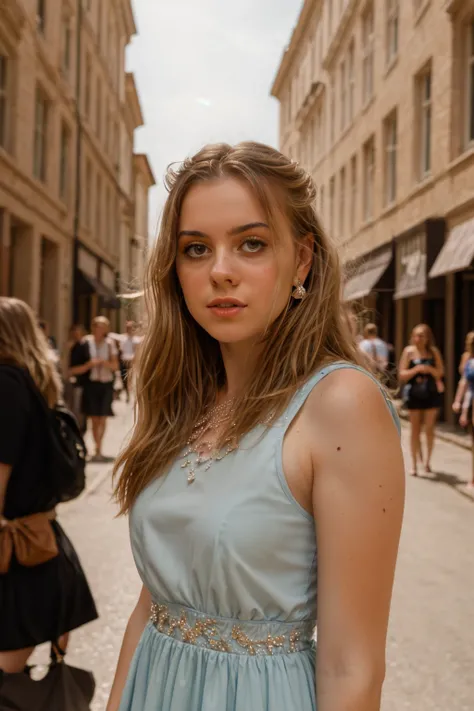 <lora:SamanthaB:0.8>, full color portrait of a young woman, wearing a summer dress, in a crowded street, natural light, RAW photo, subject, 8k uhd, dslr, soft lighting, high quality, film grain, Nikon D850