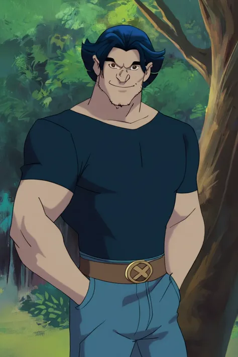 score_9, score_8_up, score_7_up, logan, 1boy, solo, male focus, mature male, short hair, dark blue hair, brown eyes, thick eyebrows, facial hair, stubble, sideburns, muscular, dark blue t-shirt, short sleeves, blue jeans, brown belt, looking at viewer, smi...