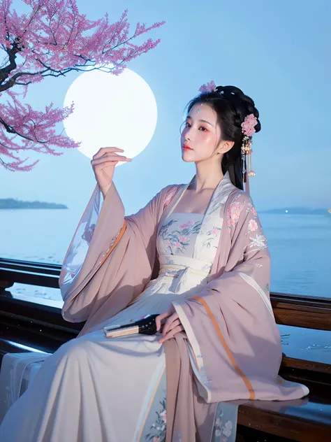 A Hanfu woman sat in a big tree near the water,in the moonlight,she wore a pure white flowing dress,surrounded by branches and beautiful pink flowers,a huge white moon behind her,in front of her is the wide water,the water mist long,creating a night atmosp...