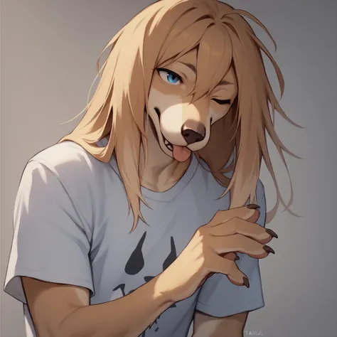 score_9, score_8_up, score_7_up, furry, 1boy, saluki, t-shirt, blep, long hair, bangs, hair between eyes, one eye closed, tongue, <lora:SalukiPonyXL:1>